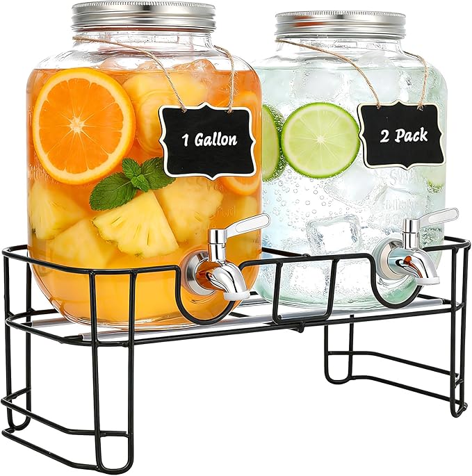 1 Gallon Glass Beverage Dispenser, 2 Pack Glass Drink Dispensers for ies with Stand, Lid&Stainless Steel Spigot, Lemonade Dispenser With Ice Cylinder for Weddings, Sun Tea Jar, Juice Dispensers
