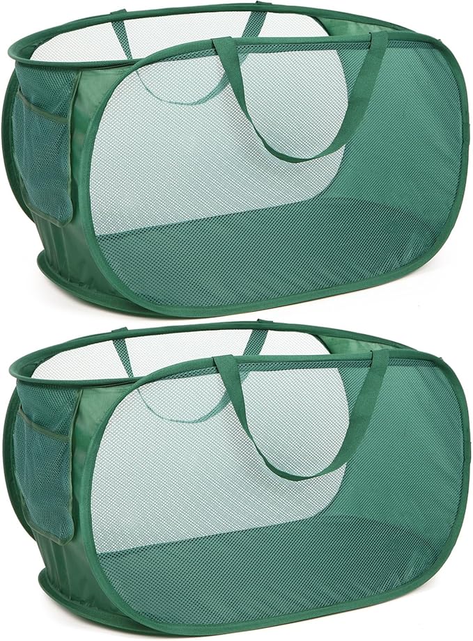 Sturdy Mesh Pop Up Laundry Hamper, Collapsible Laundry Baskets with Side Pocket, Foldable Clothes Hamper with Reinforced Carry Handles for Laundry, Bathroom, Kids Room, Dorm or Travel 2 Pack Emerald