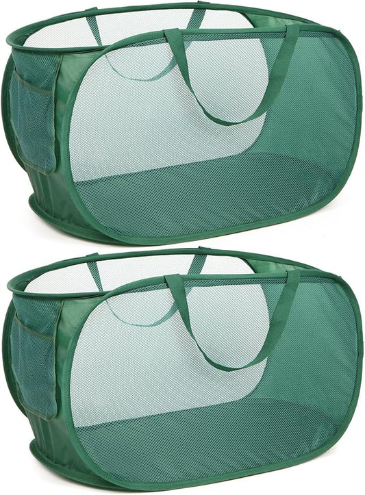 Sturdy Mesh Pop Up Laundry Hamper, Collapsible Laundry Baskets with Side Pocket, Foldable Clothes Hamper with Reinforced Carry Handles for Laundry, Bathroom, Kids Room, Dorm or Travel 2 Pack Emerald