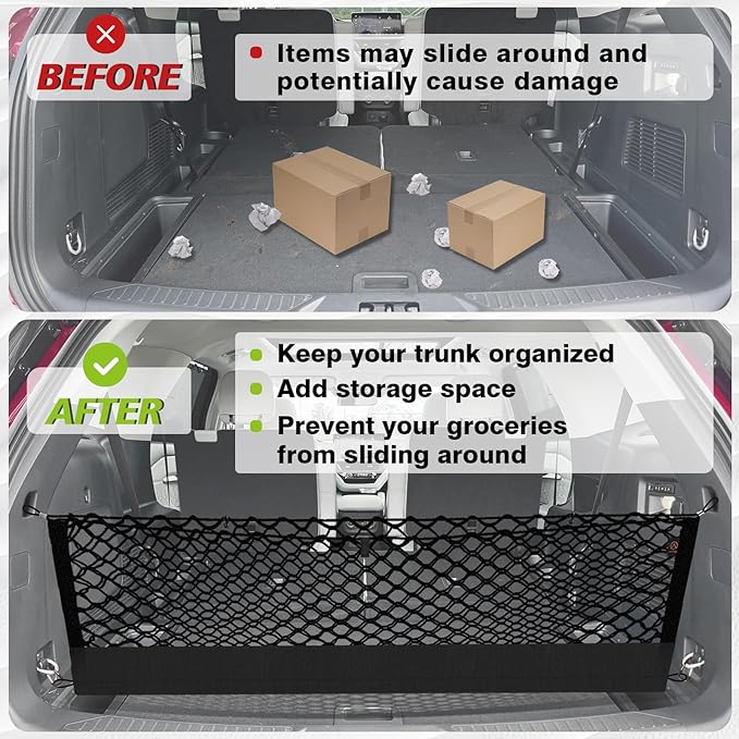 Muslogy Envelope Style Trunk Cargo Net Compatible with 2020-2024 2025 Ford Explorer Accessories Custom Fit Trunk Organizer Upgraded Mesh Storage Luggage Net with Metal Hooks