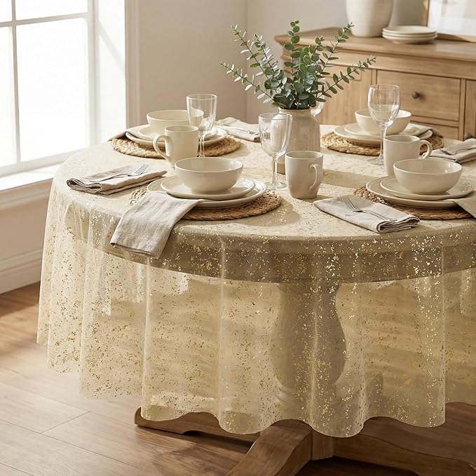 Horaldaily Apricot Gauze Tablecloth 60x60 Inch Round, Golden Sequin Glitter Metallic Foil, Sheer Tulle Cheesecloth for Wedding Baby Shower Ceremony Birthday