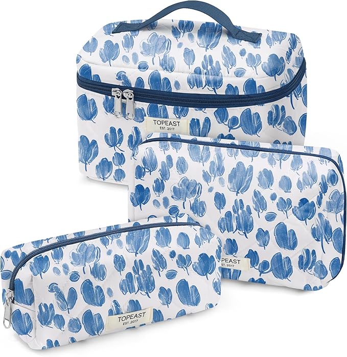 TOPEAST Christmas Gifts for Women Girls - 3Pcs Makeup Bag Large Cotton Travel Makeup Bags, Cute Quilted Floral Cosmetic Organizer Portable Brushes Toiletry Bag Set, Blue Floral