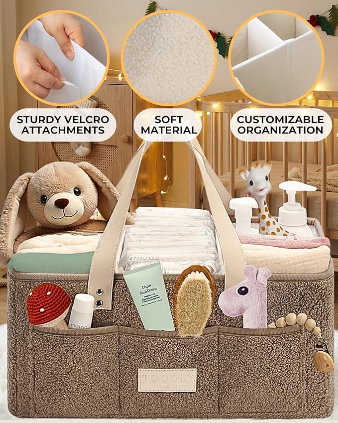Baby Diaper Caddy Organizer with Portable Changing Mat - Teddy Fleece Diaper Organizer for Changing Table - Basket for Changing Essentials - Baby Essentials Organizer with Removable Dividers