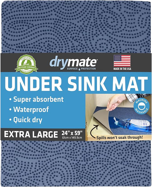 Drymate Premium XL Under Sink Mat, Waterproof Cabinet Protection Mats for Kitchen & Bathroom, Absorbent Shelf Liners, Slip-Resistant, Non-Adhesive, Machine Washable (USA Made)(24”x59”)(Blue)