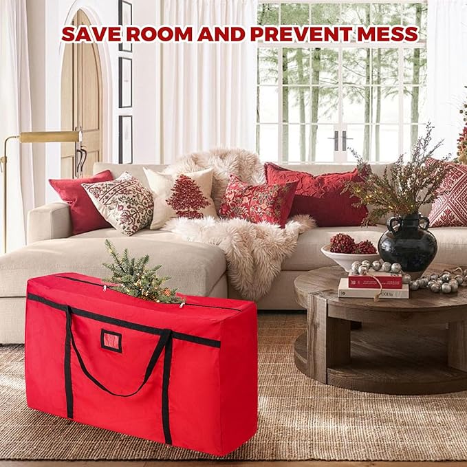 Christmas Tree Storage Bag, Fits Up 4 Ft / 5 Ft Tall Artificial Trees-Heavy Duty Holiday Storage Box with Durable Reinforced Handles & Zipper & Pocket- 600D Oxford Tree Storage Container, Red