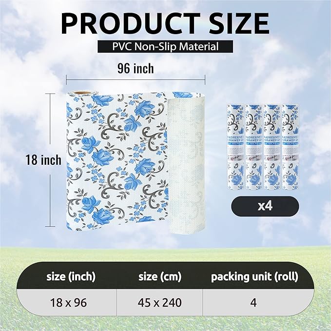 FIFTY FEET 18X96 Inch Shelf Liner for Kitchen Cabinets, PVC Drawer Liner for Dresser Non-Slip Bathroom, Non-Adhesive Cabinet Liner Washable (Blue Floral)(4 Roll)