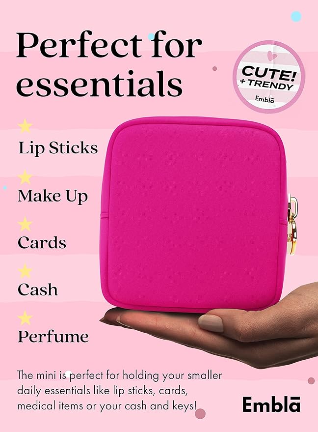 Embla Makeup Bag Travel Cosmetics Pouch and Toiletry Bag, Nylon Zipper Pouch Purse, Cute Make Up Organizer Storage Tote for Women Girls, Waterproof Travel Skincare Case, Small Makeup Bags, Fuchsia