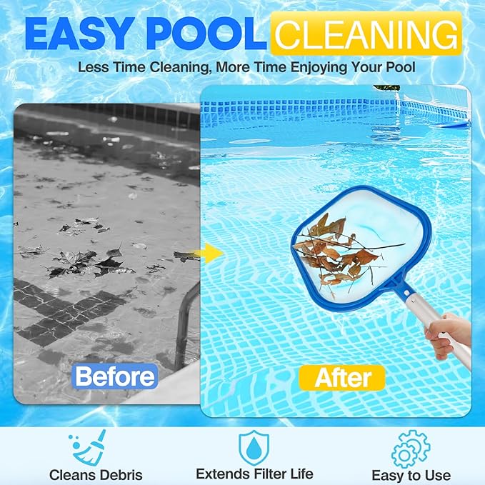 Pool Skimmer Net, Professional Swimming Pool Leaf Skimmer with Heavy Duty Frame, Fine Nylon Flat Mesh for Fast Debris Cleaning, for Above Ground & In-Ground Pools