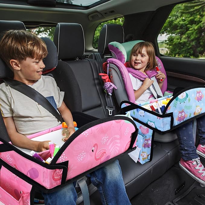 2PCS Kids Travel Tray, Car Seat Tray for kids Travel, Toddler Road Trip Essentials With Drawing Kit, Toddler Lap Desk Organizer for Car, Carseat Table for Airplane