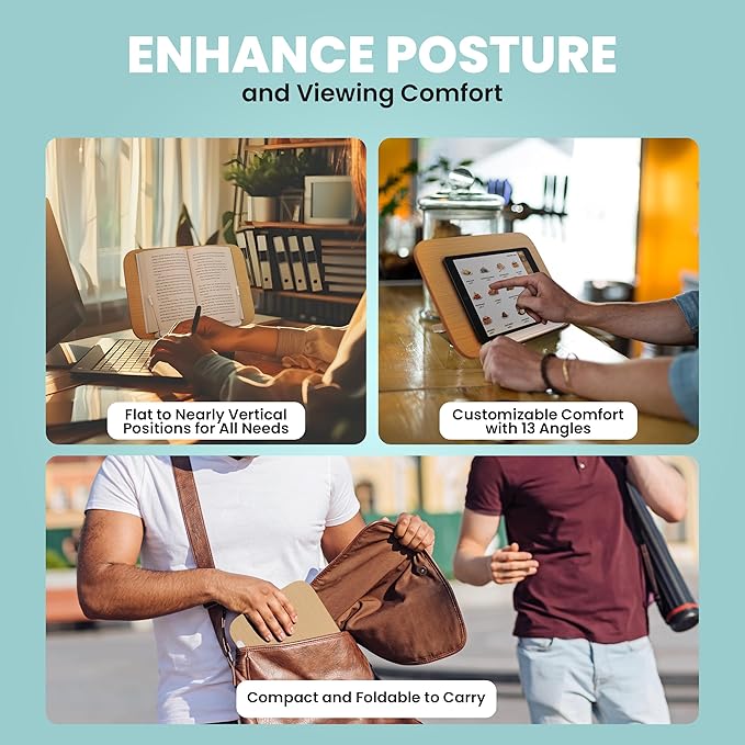 Wood Book Stand - Book Holder for Reading Hands Free, Foldable, Adjustable Book Display Stand, Cookbook Stand Portable, Lightweight Page Holder for Book Lovers, Cooks, Students 13.4"x9.4"