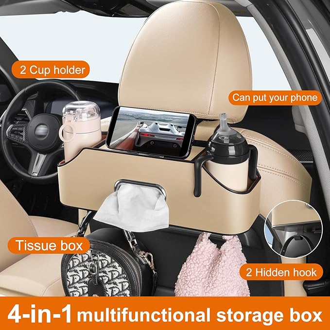 Sancaral Car Rear Backseat Extra Multifunctional Drink Cup Holder Organizers With Tissue Storage Box Organizer & Hooks For Car Seat Back.Beige