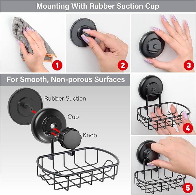 Suction Soap Dish with Hooks - Super Powerful Vacuum Suction Cup Shower Soap Holder - Rustproof Stainless Steel SS304 Soap Basket - Sponge Holder for Bathroom & Kitchen (Black)