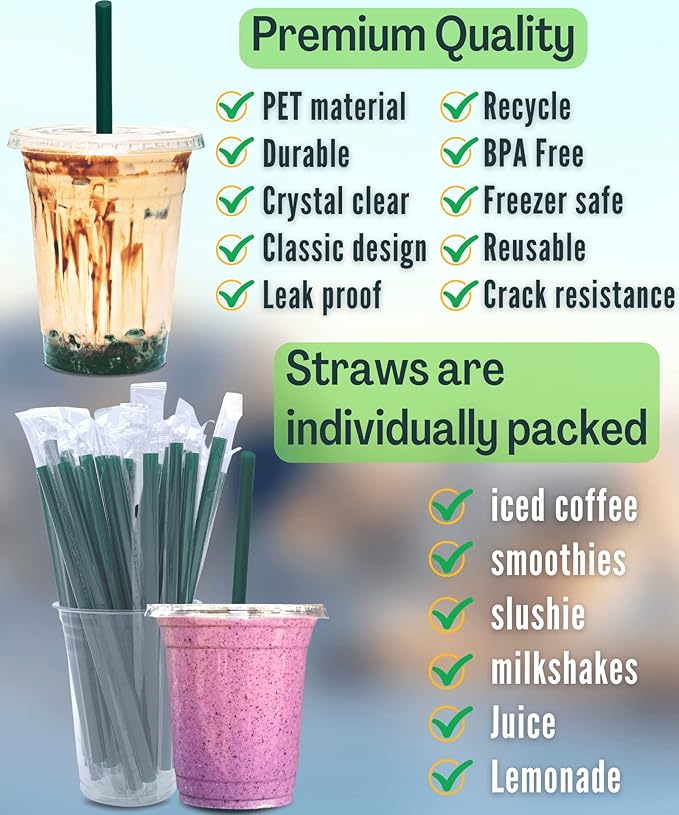 12 oz Clear Plastic Cups with Lids and STRAWS, Disposable Drinking Cups for Cold Drinks, Iced Coffee, Milkshakes, Smoothies, 25 Sets