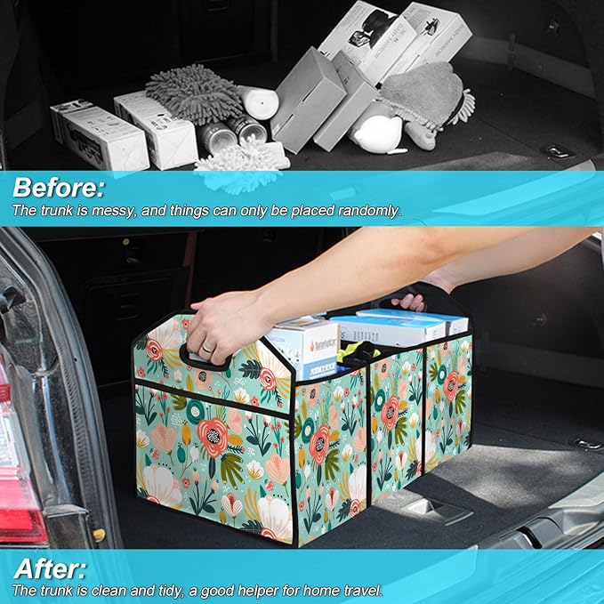 FREZORA Flower Car Trunk Organizer Storage Box Collapsible Non-Slip Automotive Organizer Vehicle Organization