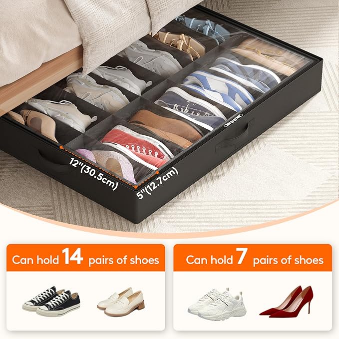 Lifewit Under Bed Shoe Storage Organizer 1 Pack (14 Pairs), 4.3" Tall Fabric Shoe Container Box, Foldable Closet Shoe Bag with 2 Reinforced Handles and Clear Cover, Black