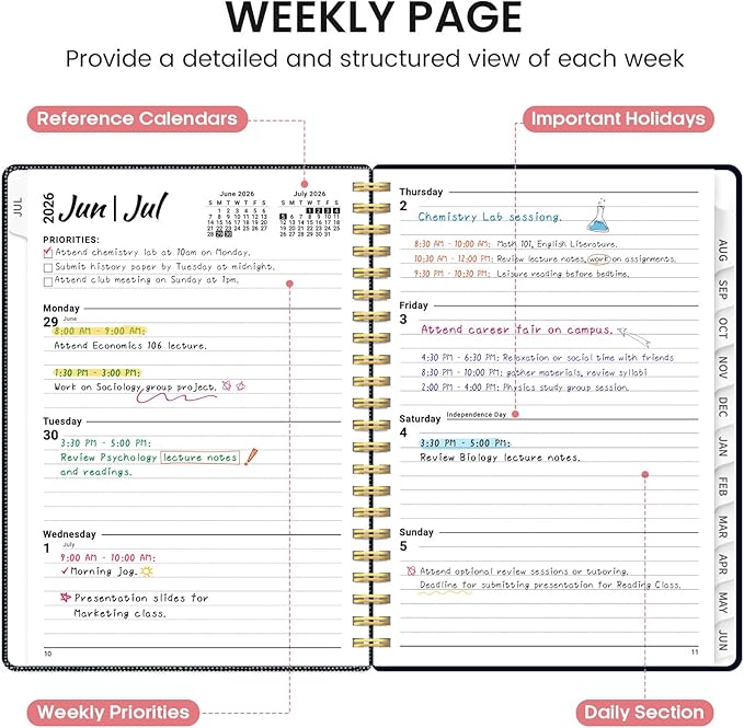 Planner 2026-2027, Academic Monthly and Weekly Calendar Planner for Women, July 2026 - June 2027, Hardcover Pretty Agenda Planner Book with Tabs, Spiral Daily Organizer for School Office Home Supplies, 6.3" x 8.5" - Garden of Whimsy