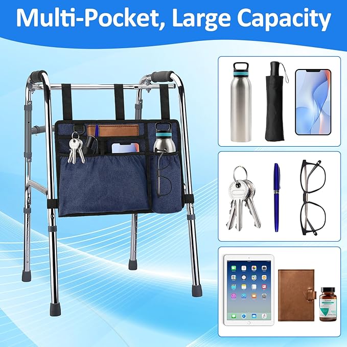 Walker Bag Basket with Cup Holder for Folding Walker Accessories for Seniors Elderly, Handicap, Foldable & Water Resistant Walker Storage Bags with Big Capacity - Dark Blue