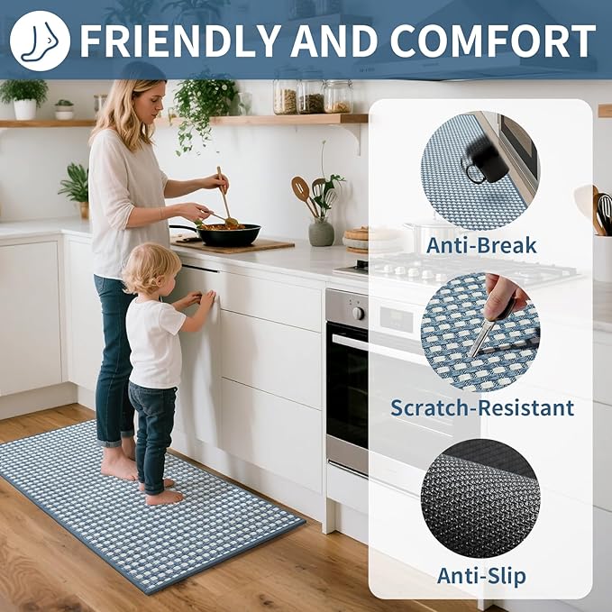 YDKGL Long Kitchen Runner Rugs Kitchen Mat Non Slip Washable, Super Absorbent Soft Chenille Braided Kitchen Mats for Floor, Rubber Backing Kitchen Floor Sink Standing Mat, Easy Clean, Blue 17"x71"