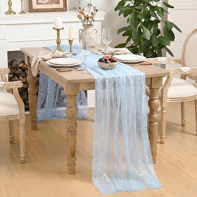 Horaldaily Blue Gold Gauze Tablecloth 60x120 Inch Rectangular, Golden Sequin Glitter Metallic Foil, Sheer Tulle Cheesecloth for Wedding Baby Shower Ceremony Birthday