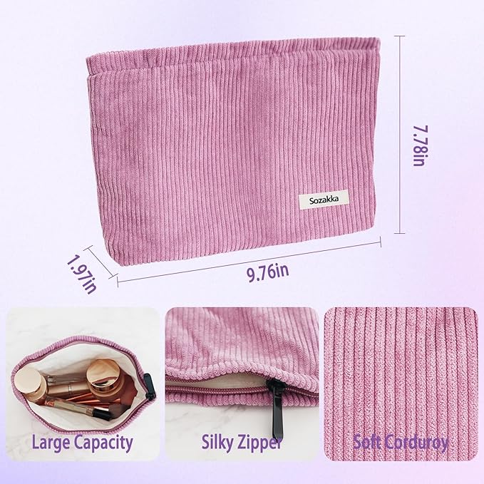 ZLFSQR Corduroy Makeup Bag for Women Small Corduroy Cosmetic Bag Large Cute Travel Makeup Pouch for Purse Flesh Pink Cloth Cosmetic Pouch Zipper Storage Organizer Canvas Toiletry Bags