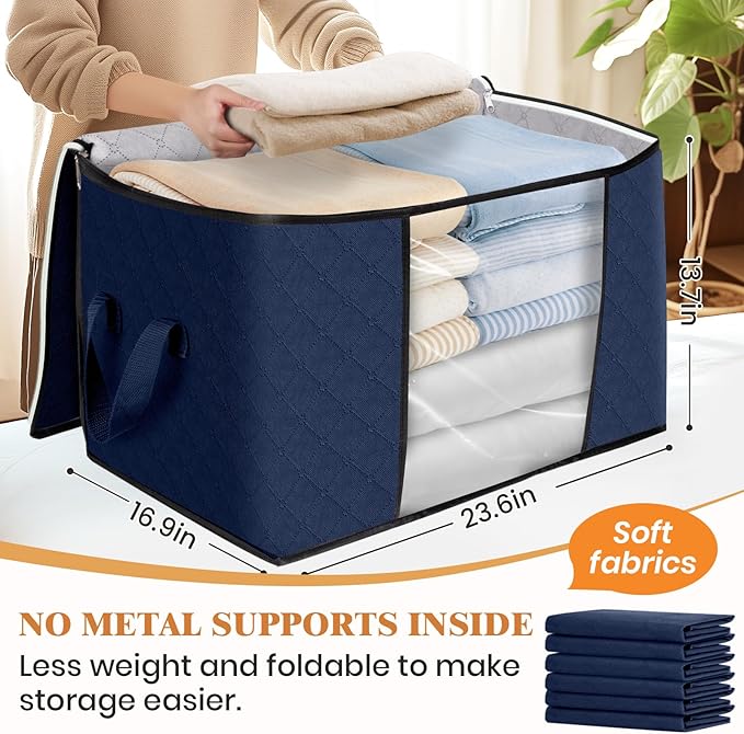 Fab totes 24 Gallons Clothes Storage, Foldable Thick Fabric Blanket Storage Bags, Containers for Organizing Bedroom, Closet, Clothing, Comforter, Organization with Handle (10 Pack, Blue)