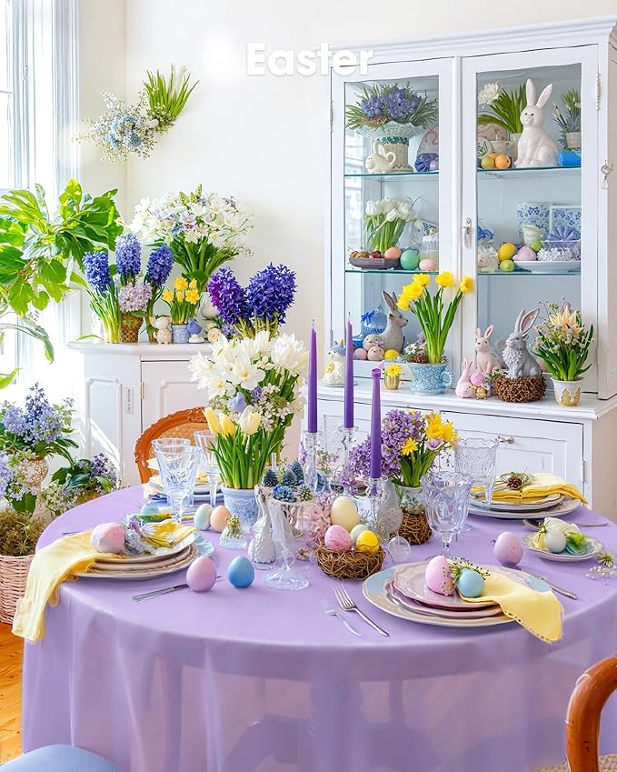 Pureegg Plastic Table Cloth Disposable 10 Pack, 84'' Round Table Cloths, Easter Party, Decorative Tablecloths, Round, Light Purple, Pastel, Plastic Cover, Leakproof & Sturdy, Lilac, Lavender