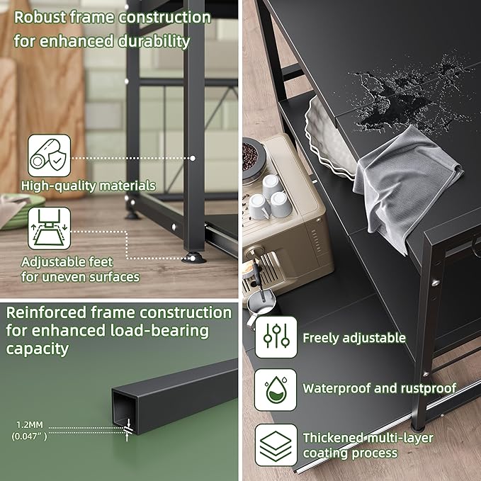 NETEL Expandable Microwave Stand,2 Tier Metal Kitchen Countertop Organizer Shelves with 8 Hooks,Bakers Rack,Pull-Out Microwave Shelf,55lbs Weight Capacity,Black