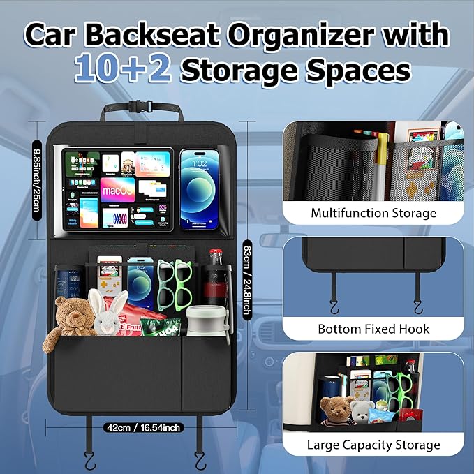 KaiCross Backseat Car Organizer with Upgraded Foldable Tray, Car Seat Organizer for Kids, Travel Accessories with 9 Storage Pockets, Car Seat Organizer Backseat with Touch Screen-1 Pack