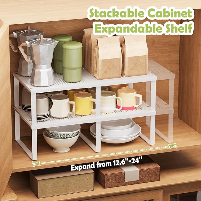 2 Pack Expandable Cabinet Shelves Organizer Width 11'' Stackable Kitchen Counter Storage Shelves,Adjustable Width Pantry Shelf Spice Rack