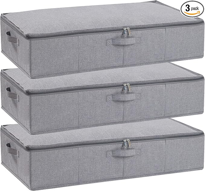Underbed Storage Organizers, 23.6 x 11.8 x 5.9 Inch Fabric Container Bags with Lids, Storage Boxes for Blanket, Pillows, Shoes, Grey, 3 Pack