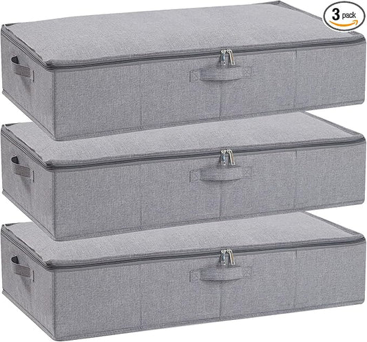 Underbed Storage Organizers, 23.6 x 11.8 x 5.9 Inch Fabric Container Bags with Lids, Storage Boxes for Blanket, Pillows, Shoes, Grey, 3 Pack