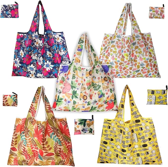 5 Pack Foldable Reusable Shopping Bags - 210D Nylon Waterproof Large Capacity Grocery Bags, Compact Travel Bag for Pinic, Groceries, Beach, Storage