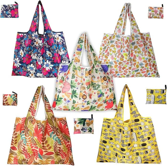 5 Pack Foldable Reusable Shopping Bags - 210D Nylon Waterproof Large Capacity Grocery Bags, Compact Travel Bag for Pinic, Groceries, Beach, Storage