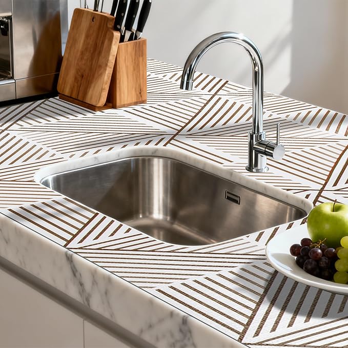 FIFTY FEET 12"x120" Non-Adhesive Shelf Liner for Kitchen Cabinets and Drawers, Washable Non-Slip PVC Cabinet Liner (Brown Modern)(1 Roll)