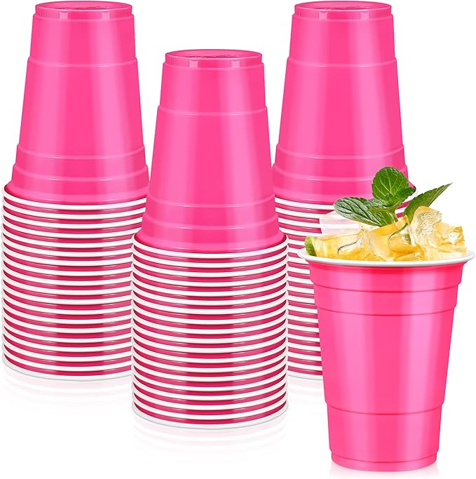 LANLISA 100 Hot Pink Plastic Cups, 16 oz Disposable Cups, Drinking Cups For Party Supplies