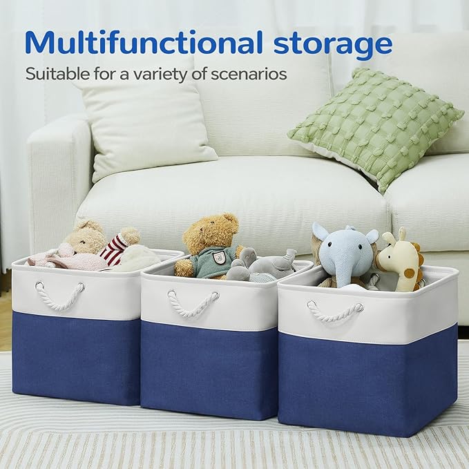 VQRTEXA 13 x 13 Inch Cube Storage Bins, 6 Pack Fabric Storage Basket with Handles, Foldable Boxes Organizer for Shelf Baskets for Home, Clothes (White/Blue)