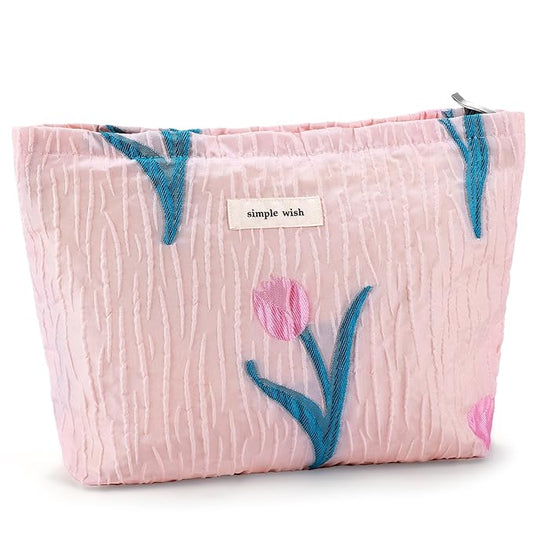 ZLFSRQ Tulip Makeup Bag Travel Cute Pink Flower Floral Cosmetic Bags for Women Large Embroidery Toiletry Pouch Zipper Cosmetic Pouch for Purse Aesthetic Makeup Organizer Bag Portable Toiletry Bags