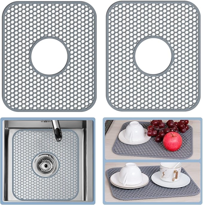 2 Pack Silicone Sink Protectors for Kitchen Sink with Center Drain, 13.58''x 11.6'' Non-Slip Heat Resistant Mat Grid for Bottom of Stainless Steel Porcelain (Center Hole)