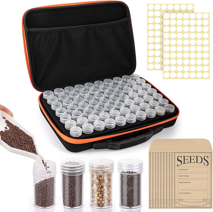 70 Slots Seed Organizer Storage Box with 10PCS Seed Envelopes, Premium Seed Containers for Various Sizes Vegetable and Flower Garden Seeds, Gardening Seed Keeper Set with Useful Accessories (Orange)