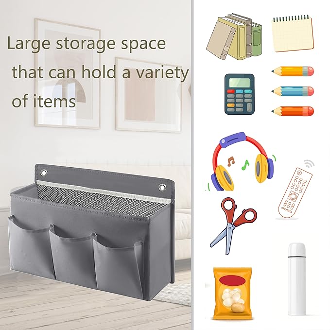 2-Pack Hanging Storage Baskets - Wall Organizer with 3 Pockets for Home/Dorm/Closet/Door, Multi-Purpose Space Saver for Office/Bathroom/Nursery - Foldable Fabric Organizer (Grey)