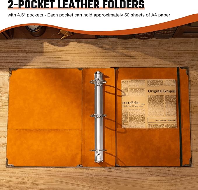 Ovesmusl PU Leather 3 Ring Binder Fits 8.5"x11" Letter Size Paper, 2 Inch Round Ring Binder Holds 500 Sheets, Notepad Paper Cover Loose Leaf Organizer, Green Sun