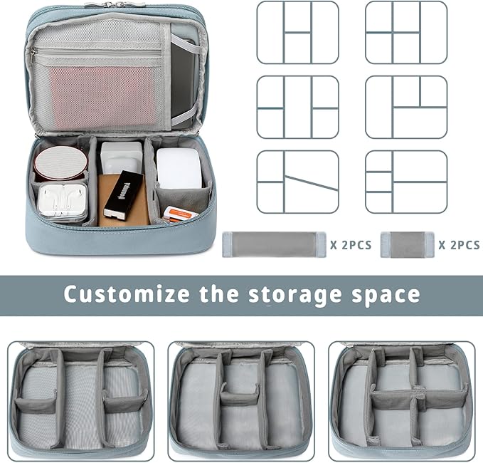 mygreen Electronics Travel Organizer, Waterproof Electronic Accessories Case Portable Double Layer Cable Storage Bag for Cord, Charger, Flash Drive, Phone, iPad Mini, SD Card, Gifts for Him, Grey