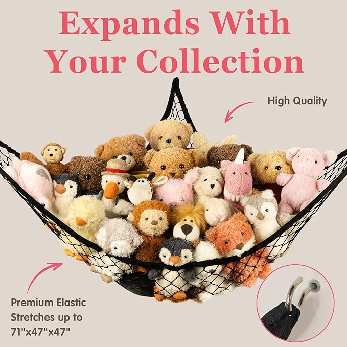 Stuffed Animal Storage Hammock Net Corner - Large Toy Hammock Net for Stuffed Animals Room Decor - Cute Stuff Animal Organizer Holder for Plush Plushie - Kids Baby Nursery Wall Bedroom Home Decor