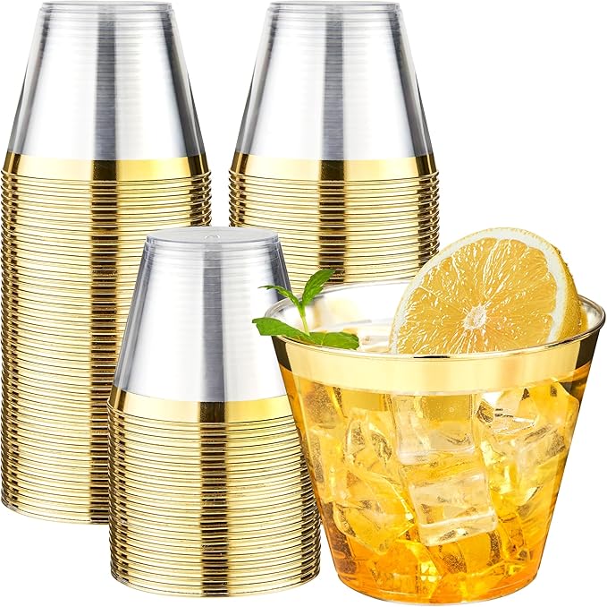RACETOP 9 oz 100 Pack Clear Plastic Cups with Gold Rim, Disposable Gold Rim Clear Plastic Cups for Parties, Gatherings, Weddings, and Festival Events