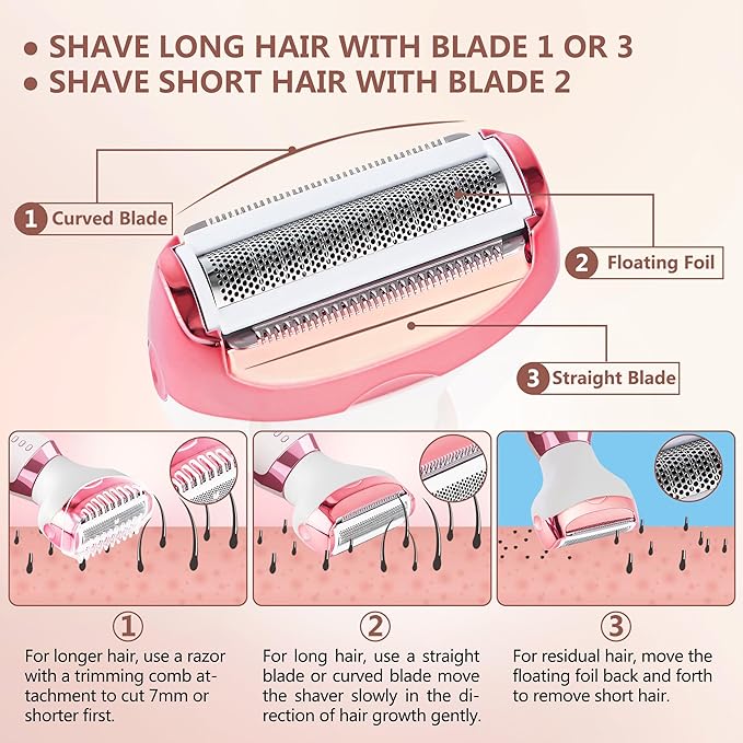 Women's Cordless Portable 5-in-1 Painless Shaver, Suitable for Body, Face, Nose Hair Trimmer, Bikini Area, Armpits, Pubic Hair, Underarms, Legs, and Eyebrows