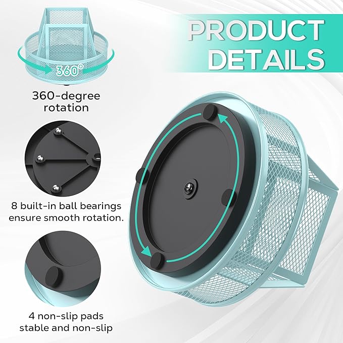 YINGHUA Metal Mesh Desk Organizer with 5 Compartments and Rotating Pencil Holder Pen and Stationery Organizer for Office Home School Anti Slip Base Blue