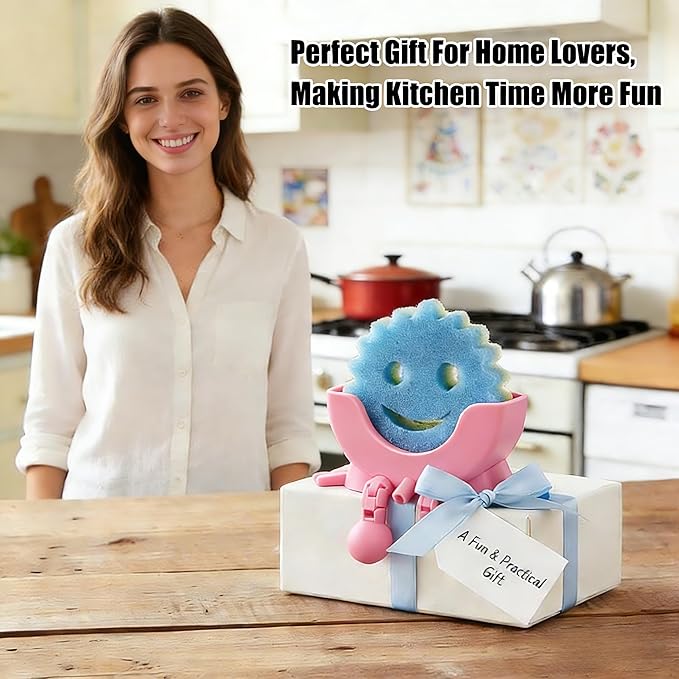 Cute Hanging Sponge Holder with Drainage, 3D Printed Kitchen Funny Sponge Stand for Sink, with Non-Slip Pads, Suitable for Scrub Daddy Holder, Keeps Your Sponge Dry and Smiling (Pink)