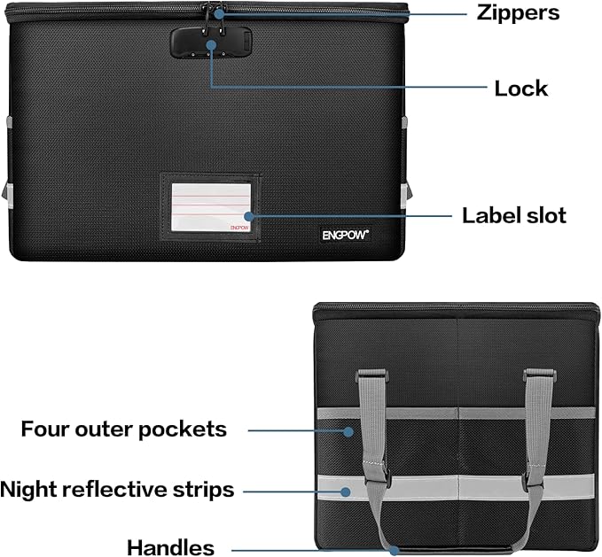 ENGPOW File Box with Lock, Fireproof Document Box with Zipper & Pockets, Collapsible File Organizer Filing Storage Cabinet with Handle, Portable Home Office Safe for Hanging Letter/Legal Folder, Black