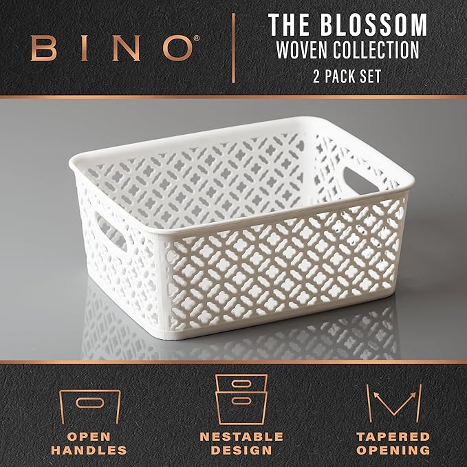 BINO l Plastic Storage Baskets, Medium - White | THE BLOSSOM COLLECTION l Multi-Use Organizer Bin l Built-in Handles l Plastic Woven Basket for Organizing l Pantry & Home Organizing Basket