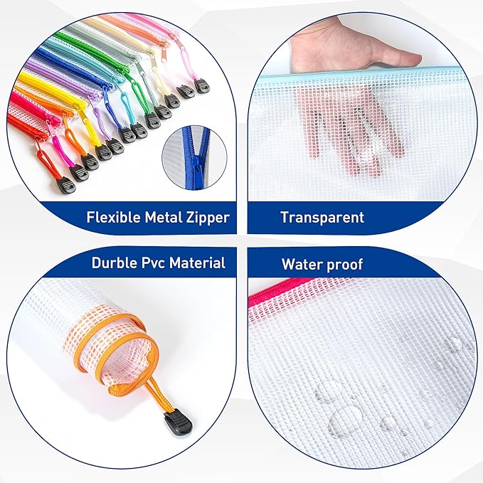 24pcs Clear Zipper Pouches, A4 Zipper Bag, 12 Colors Letter Size Organizer Bags, Toy Bags for Storage, Mesh Bags for Classroom, Home Organization, Teacher Supplies
